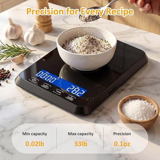 Letron Food Scale, 33 lb / 0.1 oz High Precision Kitchen Scale for Sourdough Bread, Built-in 7 Units, Timing & Tare Function, Rechargeable Digital Kitchen Scale for Food, Baking, Cooking