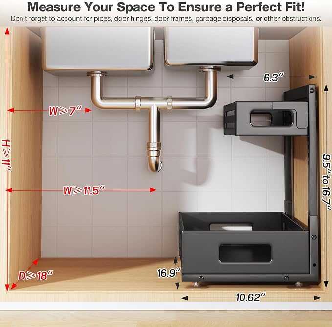 2 Pack 17IN-Depth Under Sink Organizer,Pull Out Cabinet Organizer With Smooth Cylindrical Rail,Metal Slide Out Drawer for Kitchen Bathroom Laundry,8-Level Tool Free Height Adjustable-Black