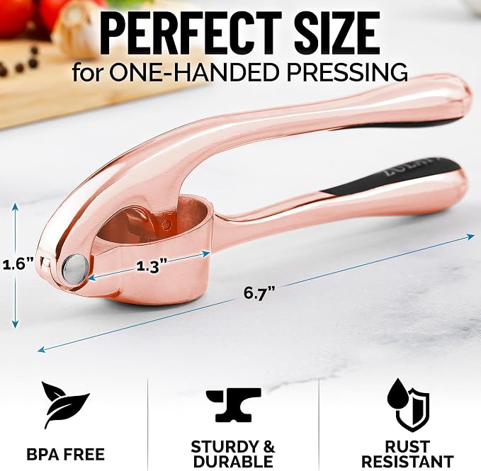 Zulay Kitchen Premium Garlic Press Set - Rust Proof Professional Garlic Mincer Tool - Easy-Squeeze, Easy-Clean with Soft Handle - Silicone Garlic Peeler & Brush (Rose Gold)