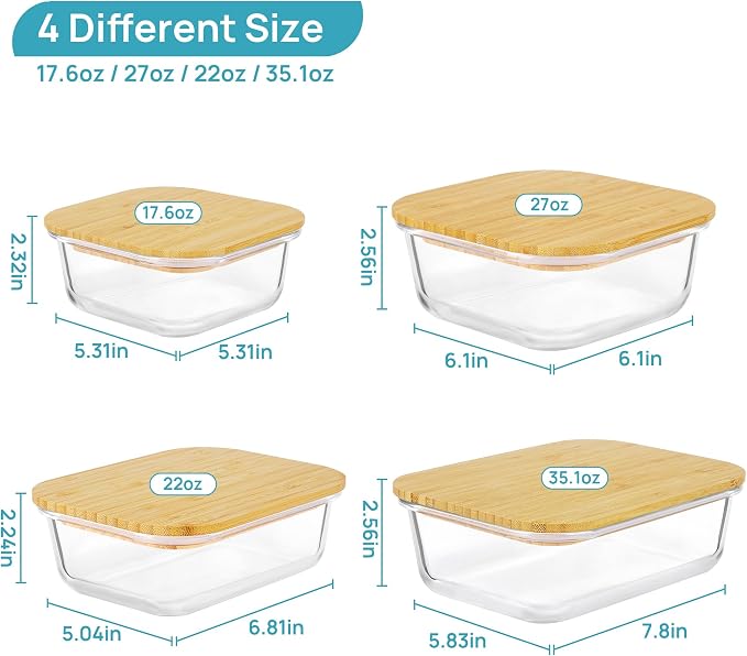 Vtopmart 4 Pack Glass Food Storage Containers with Bamboo Lids Meal Prep | Reusable Meal Prep Containers for Leftovers, Lunch & Kitchen Storage, Microwave, Oven, Freezer and Dishwasher Safe