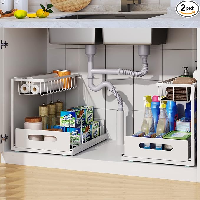 2 Pack Under Sink Organizer, 2 Tier Pull-Out Cabinet Storage Shelf, Rust-Resistant Metal Organizer for Kitchen Bathroom Laundry Room, No Tools Installation, White