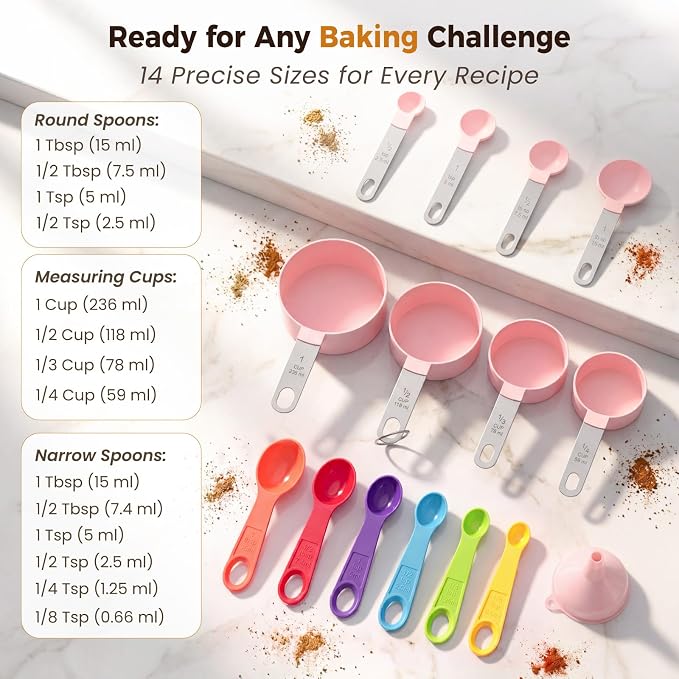 THLHKD 15 Pcs Measuring Cups and Spoons Set, Measuring Spoons Set with Stainless Steel Handles, Measure Spoon and Cup for Liquid & Dry Ingredients, Cute Pink & Colorful