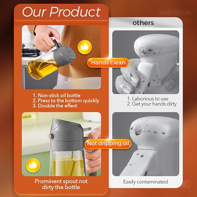 YARRAMATE 16 oz 2-in-1 Glass Olive Oil Sprayer for Cooking, Grey | Food-grade dispenser bottle, 470 ml, spray and pour, portion control, stickers included, for salad, frying and BBQ