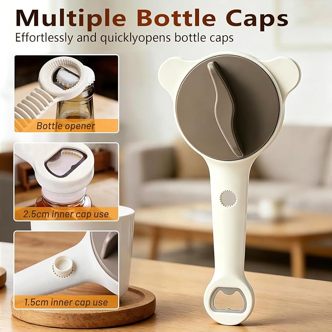 Adjustable Jar Opener with 3-Claw Grip and Bottle Opener | Plastic body,metal contact teeth,adjustable three-point grip,long lever handle,built-in bottle-cap opener,1piece