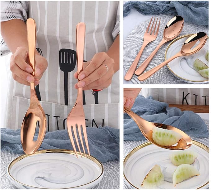 Long Handle Serving Set, Stainless Steel Polished Serving Spoon, Fork, Slotted Spoons, Set of 3 (Silver)