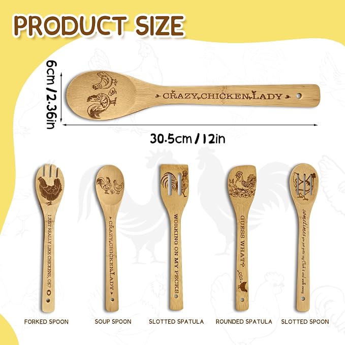 Chicken Gifts for Women 6PCS Unique Chicken Print Bamboo Spoons Gifts Set with Keychain, Chicken Decor Kitchen Stuff for Pioneer Woman Mom Bestie