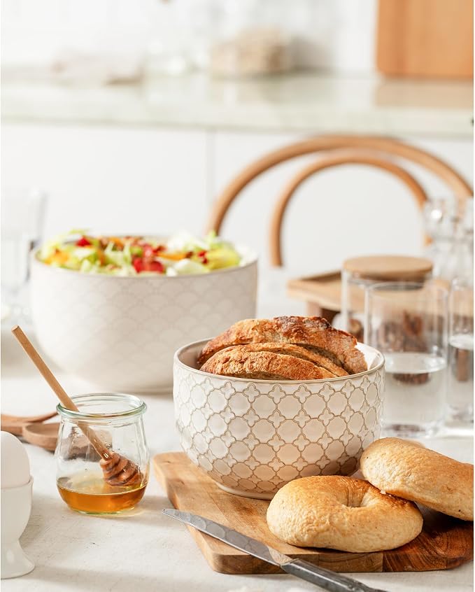 Mikiegy Ceramic Mixing Bowls Set of 2, Nesting Ceramic Embossment Stoneware Mixing Bowls for Cooking, Serving, Popcorn, Salad etc, Microwave & Dishwasher Safe, 44/98 oz, Off-White