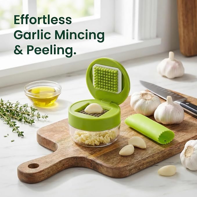 3-in-1 Garlic Press Set, Stainless Steel Garlic Mincer with Silicone Peeler and Brush, Efficient Garlic Crusher Chopper for Kitchen, Ginger, Vegetables (Green)