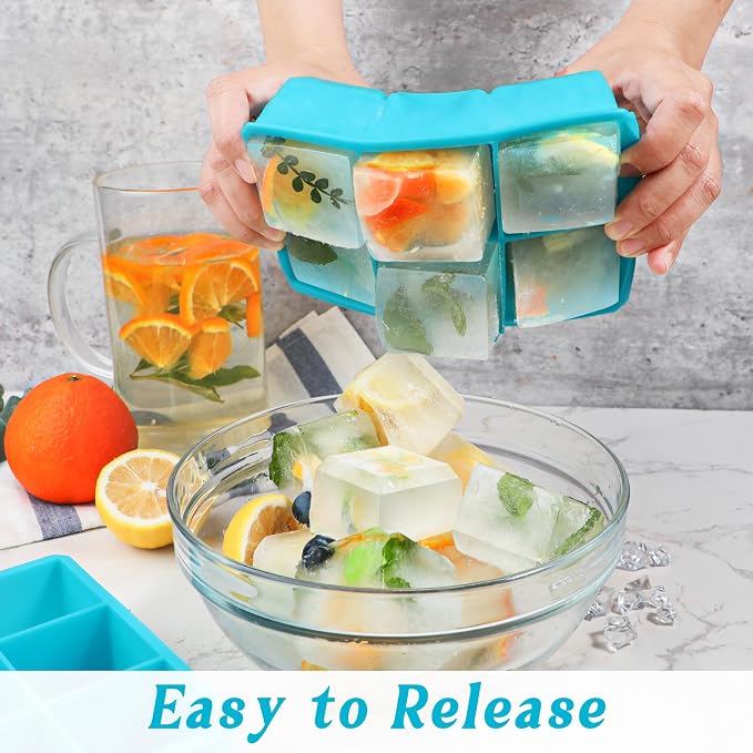 Webake 2 Inch Large Ice Cube Tray, Flexible Ice Mold Silicone Big Ice Cube Trays for Whiskey Cocktails and Treats, BPA Free Blue Square Silicone Mold Pack of 2