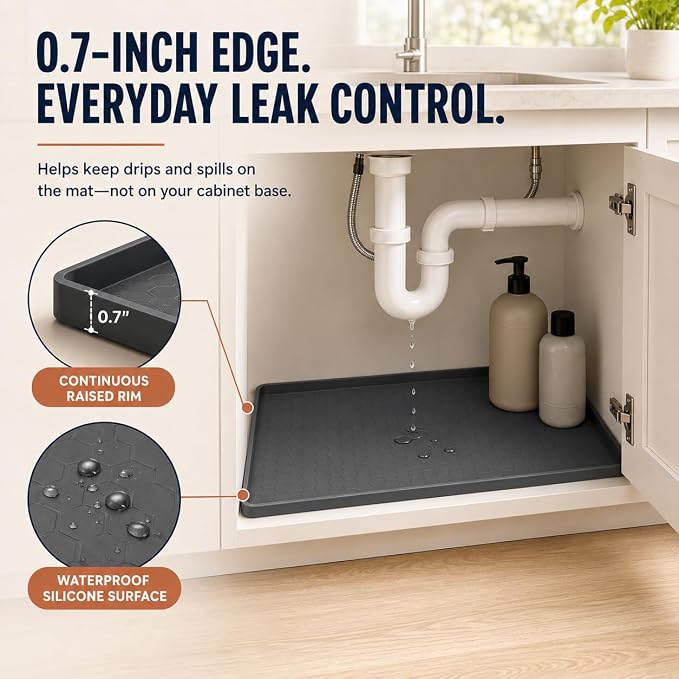 25” x 19” Silicone Under Sink Mat for Bathroom/Kitchen Cabinet Organizer Mat | Leak-Proof Waterproof Liner Pad & Anti-Spill Tray | 0.7in Edge Barrier, 3.5Gal Capacity