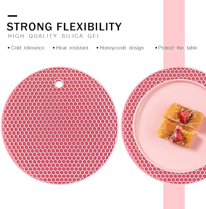 7-Inch Round Silicone Trivet Mats - 4-Pack Non-Slip Heat Resistant Hot Pads for Kitchen Countertops, Pots and Pans (Pink)