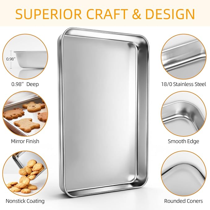 CEKEE Baking Sheet Set of 4, Stainless Steel Cookie Sheets for Baking, 0.8mm Heavy Duty Nonstick Baking Pans, 9/10/12/16 Inch Baking Trays for Oven, Non Toxic & Mirror Finish & Easy Clean