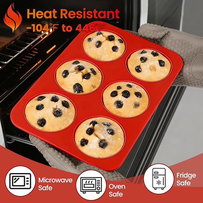 CAKETIME Silicone Jumbo Muffin Pan 3 Pack 6 Cup 3.5 Inch Large Muffin Tin Non Stick BPA Free for Baking Giant Muffins Cupcakes Frittatas