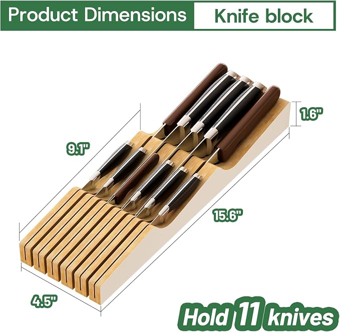 Knife Drawer Organizer Insert, Bamboo Wood Knife Holder, Knife Block Holds Up To 11 Knives