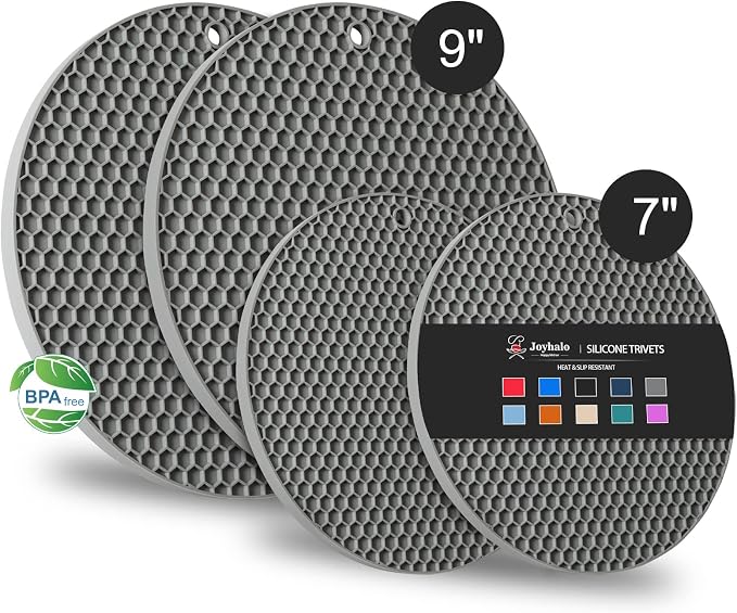 4 Pack Silicone Trivet for Hot Dishes | Heat Resistant Silicone Pot Holders for Kitchen Countertops, Hot Dishes, Jar Opener, Spoon Holder, Easy to Wash and Dry, Grey