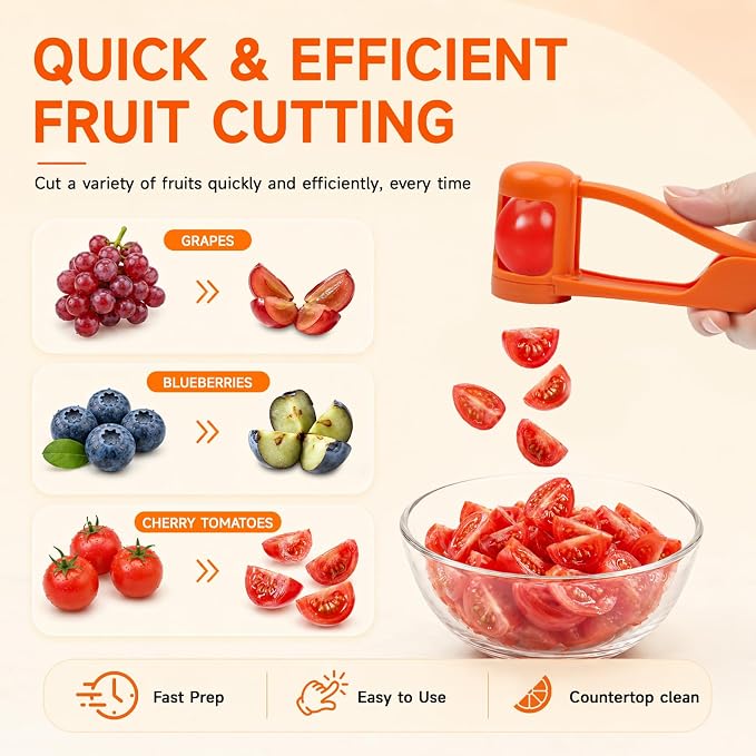 Luvan Grape Cutter for Toddlers 1-3, Grape Slicer Kitchen Gadget for Vegetable Fruit Salad Cake Decor, Stainless Steel Tomato Quarter Cutter Tool for Cherry Strawberry Blueberry - Orange