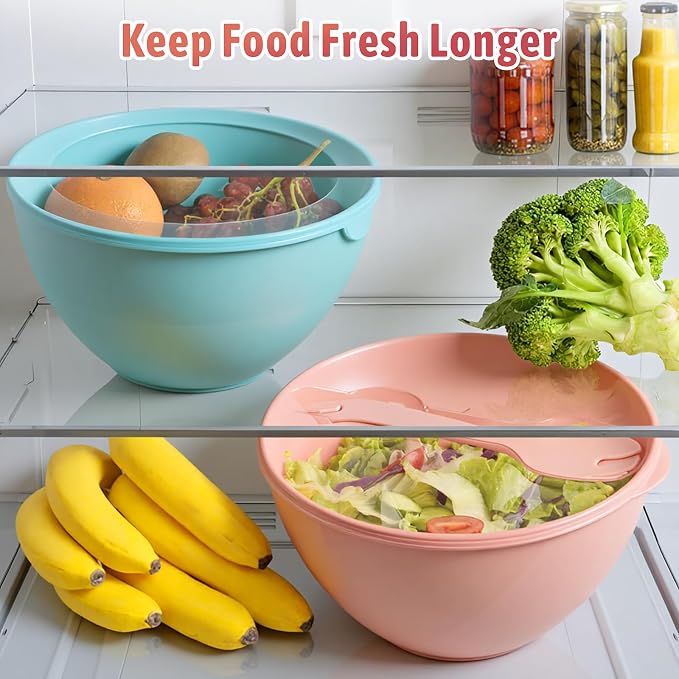 16 Piece Plastic Mixing Bowls with Lids Set includes 8 Prep Bowls & 8 Lids | Nesting Design, 2-in-1 Spoon-Fork, 1.1/2/3.4 /4.8QT, Large Salad Bowl for Preparing, Serving, and Storing, Dishwasher Safe