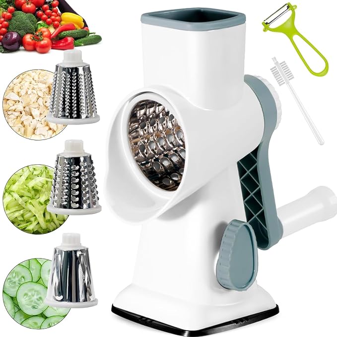 YOUCZON Rotary Cheese Grater Multi-Purpose Stainless Steel Cheese Shredder | rotary grater with strong suction, ergonomic handle and food pusher for fast, safe slicing and shredding.
