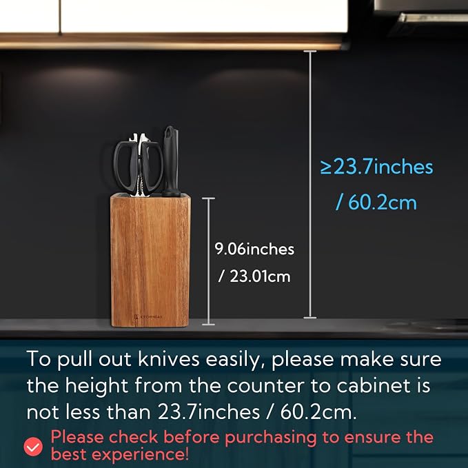KITCHENDAO Deluxe Universal Knife Block with Slots for Scissors and Sharpening Rod - Acacia Wood Knife Block For Safe, Space Saver Knives Storage - Unique Slot Design to Protect Blades