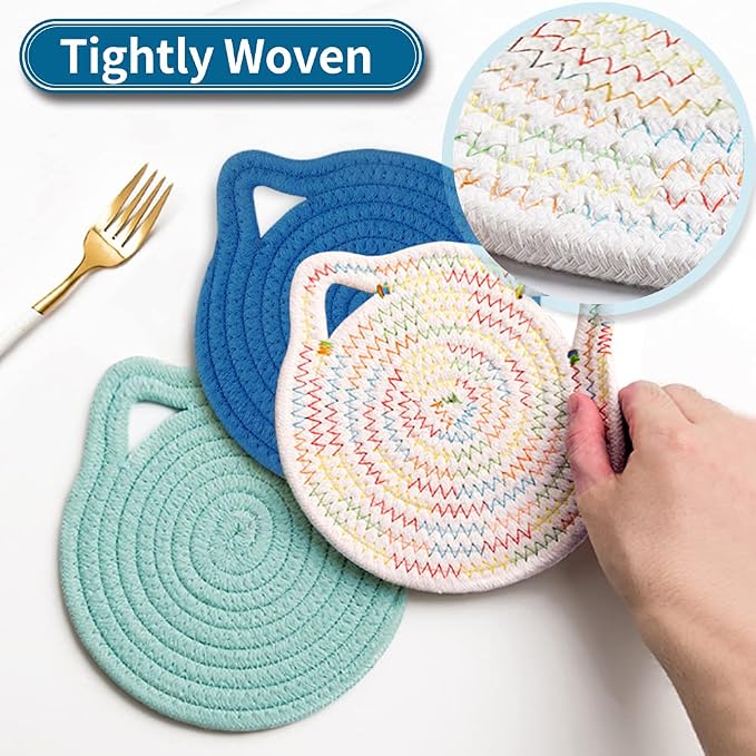 7" Pure Cotton Trivets Set with 0.35" Thick (3 Pcs, Blue) | Tightly Woven, Machine Washable, Heat Resistant, Cute Cat Kitchen Accessories for Hot Dishes Pots Pans, Decor, Gift