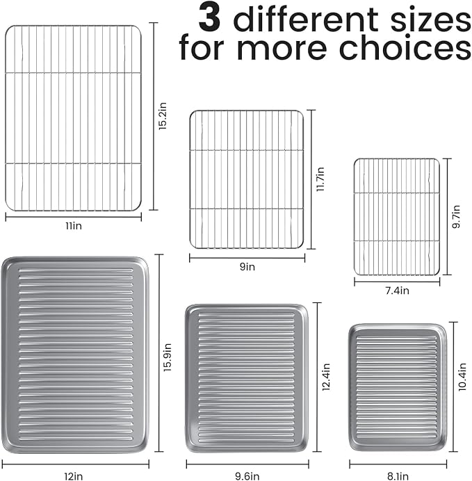 Baking Sheet with Cooling Wire Rack Set - Stainless Steel Baking Sheet Pan | 3 Pans + 3 Racks with Nonstick, Warp Resistant, Heavy Duty Design for Baking, Roasting, and Cooking