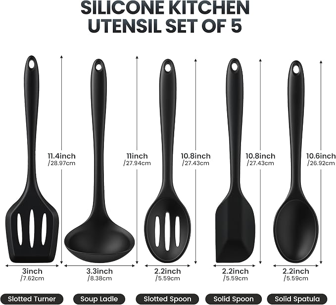 Silicone Kitchen Utensils Set, 5 PCS Heat Resistant Non Stick Cooking Tools, Silicone Spatula/Turner/Serving Spoon/Soup Ladle/Slotted Spoon, for Home and Camping