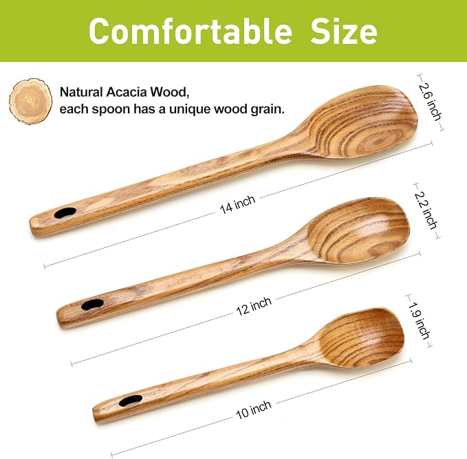 3 Piece Wooden Spoons for Cooking Spoon Set Wood Cooking Utensils Serving Spoon Kitchen Spatula Large Mixing Spoon Long Baking Ladle Bamboo Stirring Non Toxic Spoons Ladles Kitchen Tools Utensil