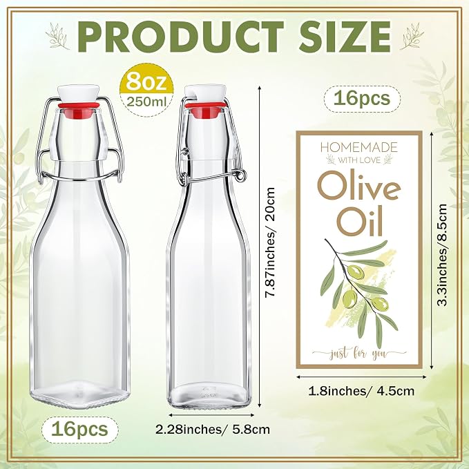 Havawish 16 Pcs 8 oz Mini Olive Oil Bottles Homemade Swing Top Clear Flip Top Bottles with Airtight Lids Labels for Storing Homemade Olive Oil Wedding Baby Shower Favors(Square)