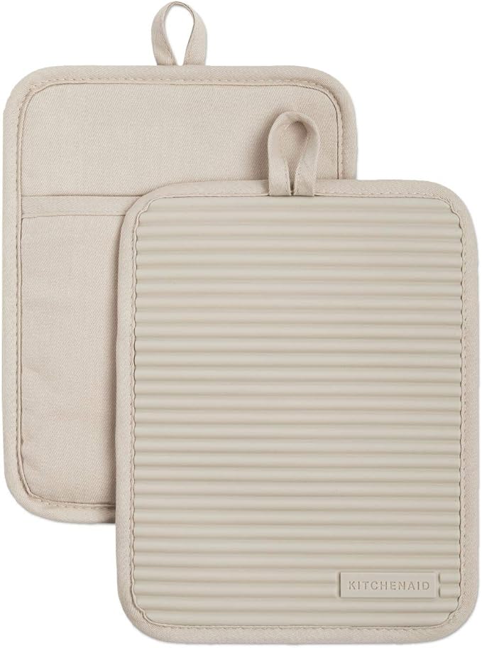 KitchenAid Ribbed Soft Silicone Oven Mitt and Pot Holder Set, Milkshake, 7"x13" Mitts + 7"x9" Holders