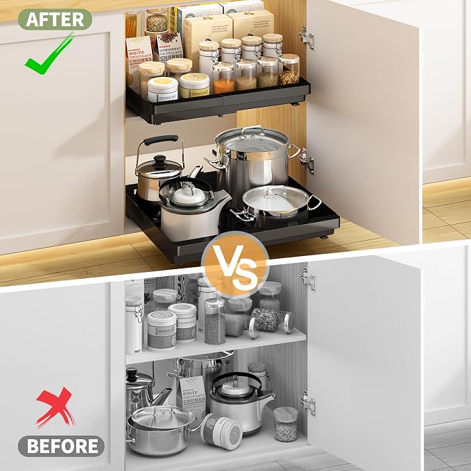 DOMNIU Pull Out Cabinet Organizers Expandable,Black,16.9"Depth,2 Pack | Slide Out Drawers for Kitchen, Bathroom, Pantry, Under Sink Storage, Fixed with Adhesive Nano Film (11.6''-17.5'')