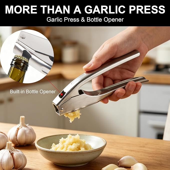 Garlic Press Stainless Steel, Garlic Mincer & Crusher with Peeler Tube and Cleaning Brush, Large Capacity Ergonomic Handle, No Need to Peel, Dishwasher Safe Garlic Press with Built-in Bottle Opener