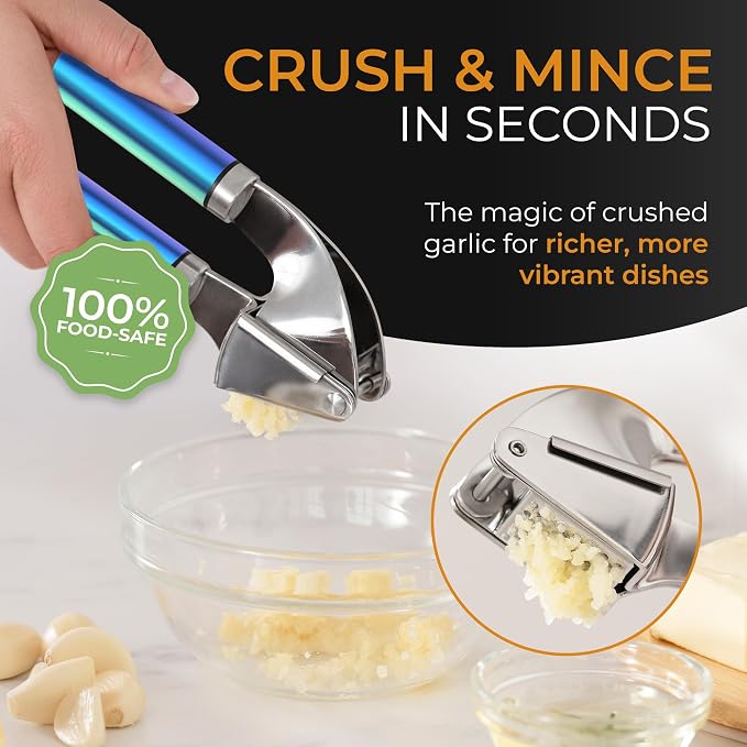 ORBLUE Garlic Press and Peeler Set, Stainless Steel - Professional Grade Mincer, Crusher - Dishwasher Safe & Rust-proof, Multi-colored