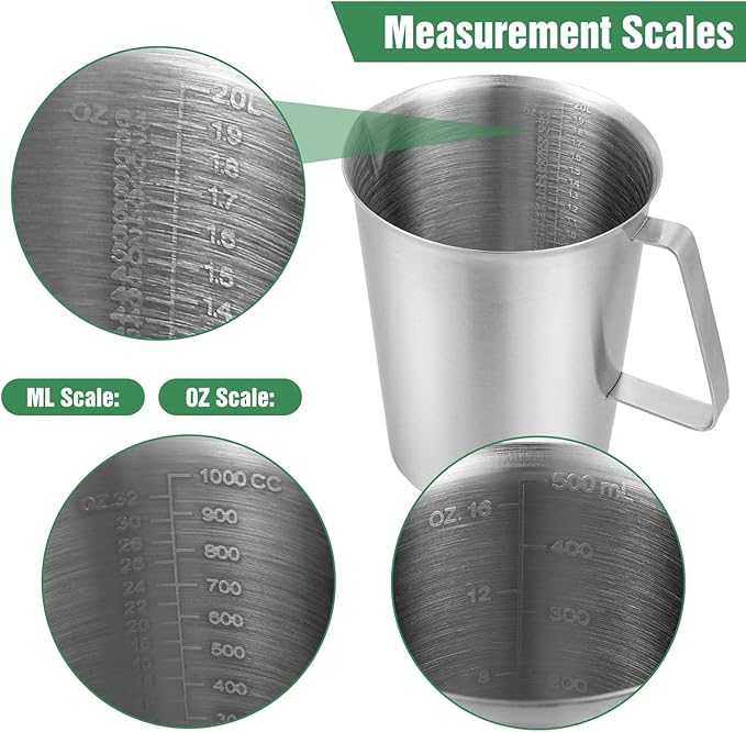3 Pcs Stainless Steel Measuring Cups Set Metal Pitcher with Handle and Pour Spout Marked Pitcher for Latte Art Kitchen Bar 16oz/32oz/64oz (2/4/8 Cup)