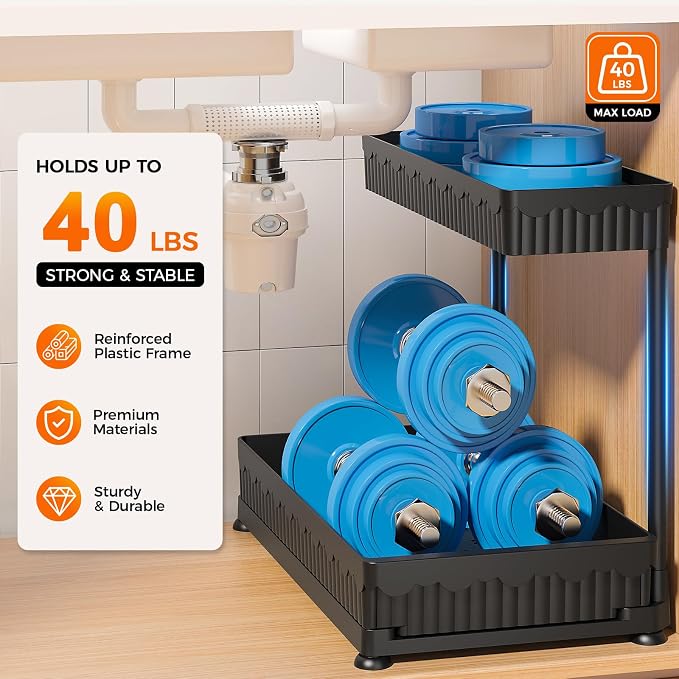 3-Pack 2-Tier L-Shaped Under Sink Organizers with Sliding Drawers | Multi-use kitchen & bathroom storage, 14.85 inch black cabinet organizer, space-saving sliding drawer design.
