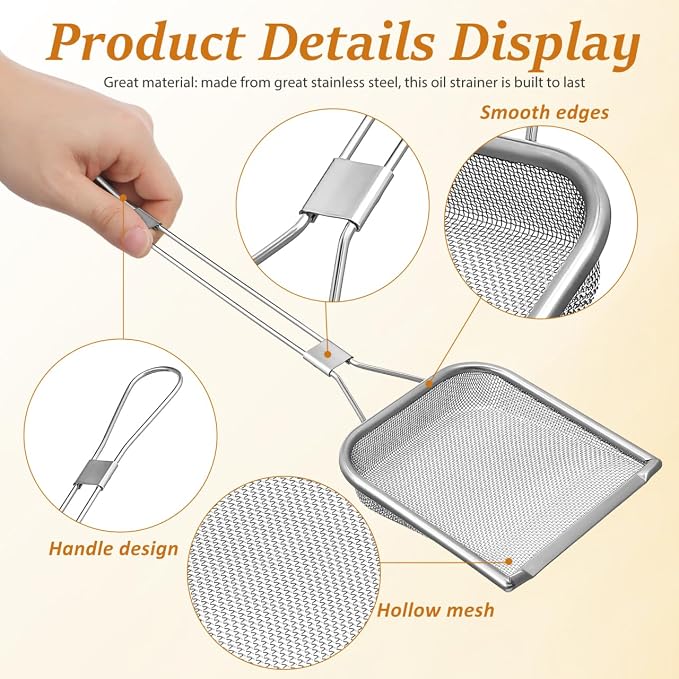 Stainless Steel Skimmer Spoon 16.92In Fine Mesh Oil Skimmer Ladle for Cooking Frying Hot Pot Fat Strainer Kitchen Utensil with Hanging Hole