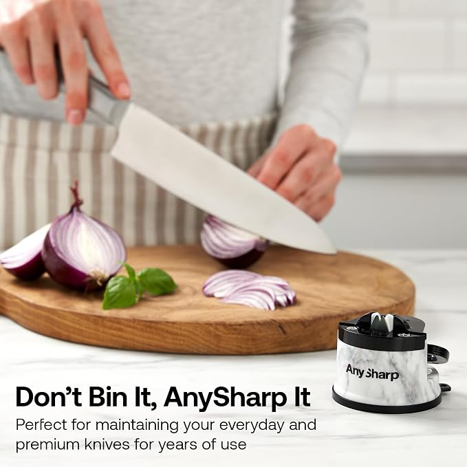 AnySharp – Editions – Hands Free Knife Sharpener - Easy to Use Sharpening Tool w/PowerGrip Suction Base and 20-Degree Pre-Set Angle - for All Knives: Chef's, Serrated, Hardened Steel - White Marble