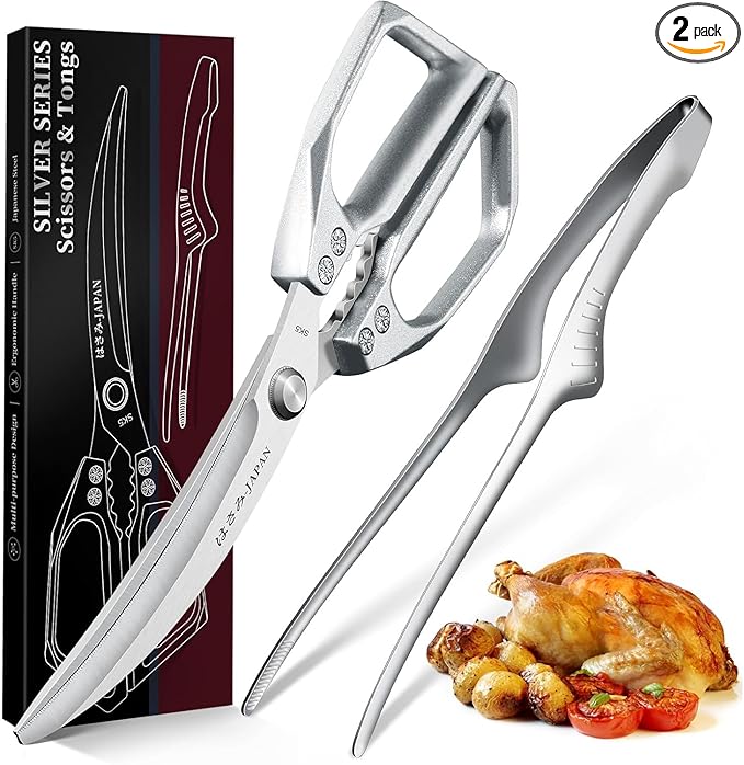 Kitchen Scissors and Cooking Tong Set - Silver Kitchen Shears for Food with Stainless Steel BBQ Tongs, Japanese Style Dishwasher Safe Meat Scissors for All Purpose, Gifts for Men Women