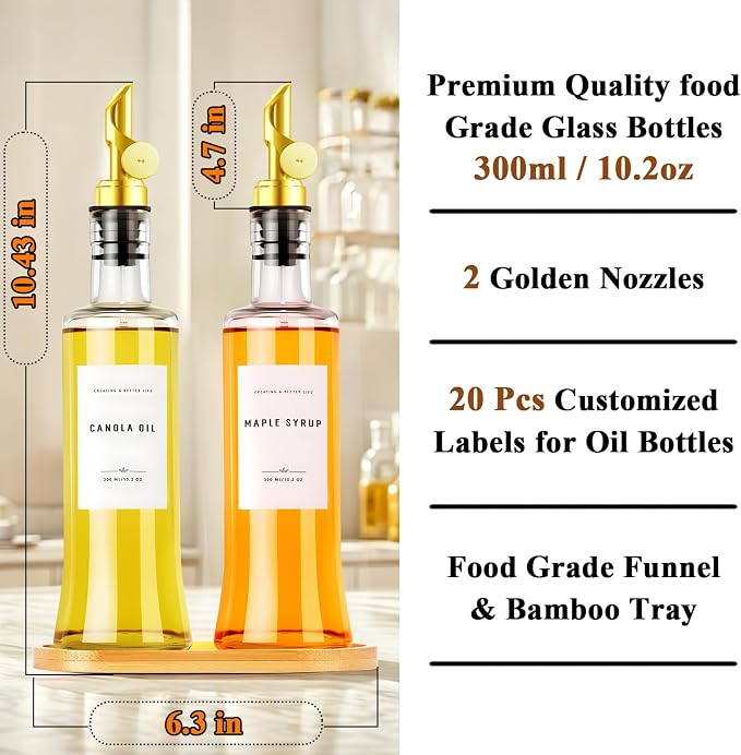 Olive Oil Dispenser Bottles for Kitchen with Bamboo Tray, Oil and Vinegar Dispenser Set, Coffee Syrup Dispensers, Glass Dispensers for Kitchen, Dispenser Bottle of 300ml - Set of 2 Gold