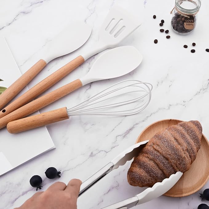 1pc White Silicone Egg Whisk with Wooden Handle, Heat Resistant Cooking Utensils for Blending Whisking Beating Stirring Cooking Backing