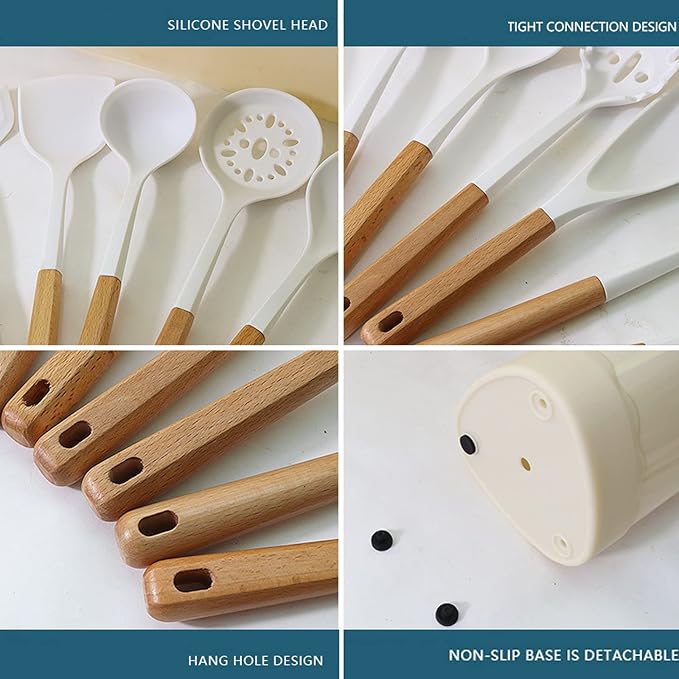 1pcss White Silicone Solid Spoon with Wooden Handle, Heat Resistant Cooking Utensils, Mixing Spoon, Cooking Backing Spoons Set for Stirring, Mixing and Serving