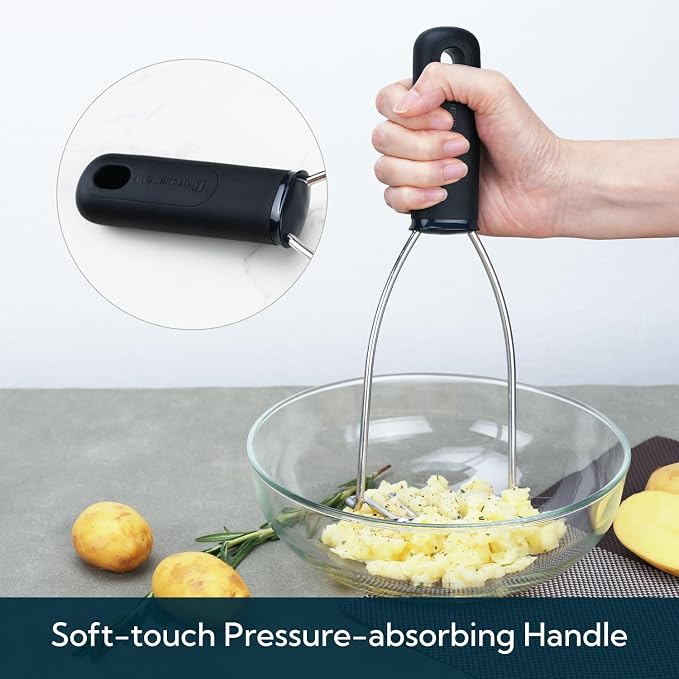 KITCHENDAO 304 Stainless Steel Potato Masher, Heavy Duty Kitchen Tool with Soft-Touch Comfort Grip Handle, Dishwasher Safe & Easy-Store Hanging Loop