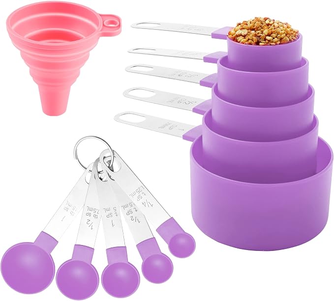 Measuring Cups and Spoons Set of Huygens Kitchen Gadgets 10 Pieces, Stackable Stainless Steel Handle Measuring Cups for Measuring Dry and Liquid Ingredient (Mauve)