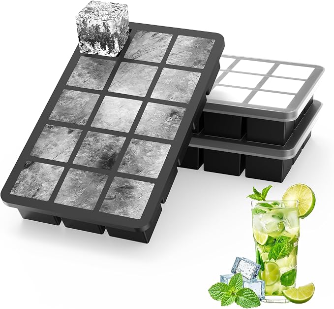 Ankway Upgraded Silicone Ice Cube Trays with Lid, 3 Pack Sturdy Ice Cube Moulds with Metal Frame, Food Grade, BPA Free, Super Easy-Release Ice Trays for Freezer, Whiskey, Cocktail and Drink