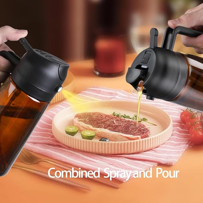 2 In 1 Oil Sprayer for Cooking, 16oz Olive Oil Dispenser Bottle for Kitchen with Light Blocking, Food-Grade Glass Oil Spray Pourer Mister for Air Fryer, Salad, BBQ (Dark Brown, 8 Labels Included)