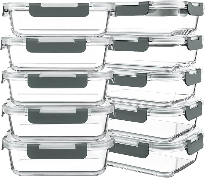 10 Packs 30 oz Glass Meal Prep Containers with Lids | Glass Food Storage Containers with Lids, Airtight Lunch Bento Boxes, Microwave, Freezer and Dishwasher, Gray
