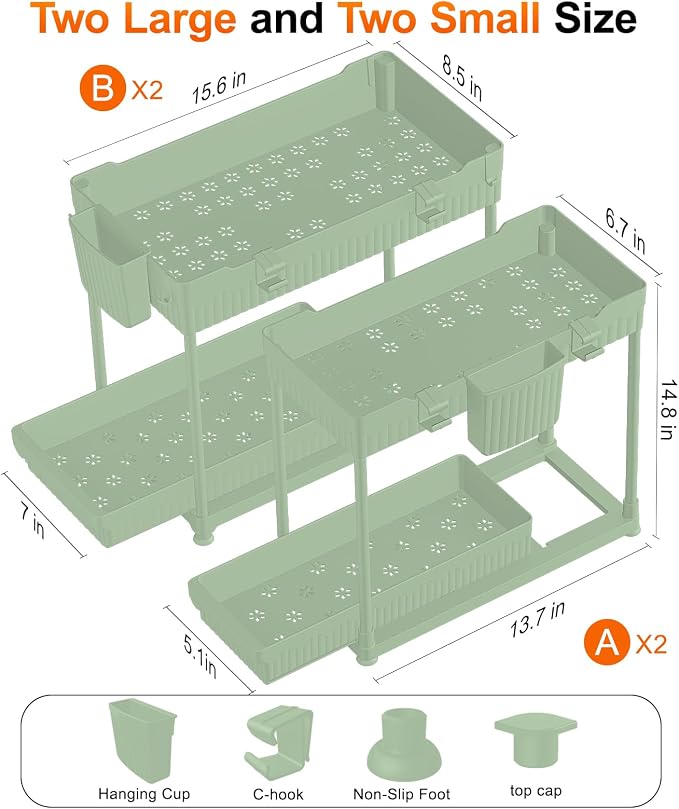 4-Pack 2-Tier Under Sink Organizer with Pull Out Drawers | Multi-use kitchen & bathroom storage. Includes hanging hooks and cups. Green, space-saving cabinet design. 14.8 Inch