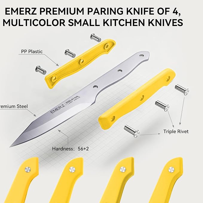 Paring Knives Set of 4,3.5inch, Stainless Steel Paring Knife,Ergonomic Handle,PP Triple Rivet,Sharp Small Cutting Knife for Peeling Coring Cutting,Yellow Pairing Knives for Fruit