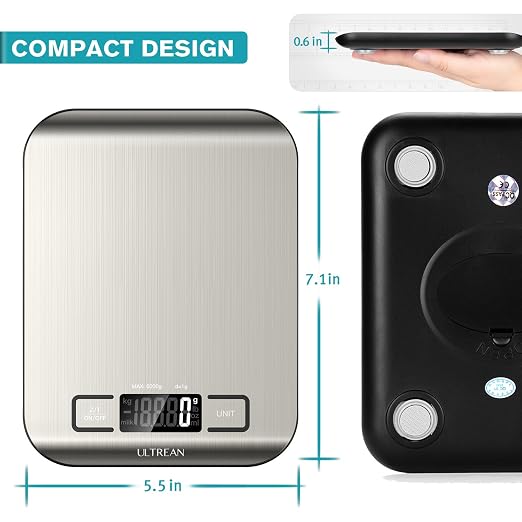 Ultrean Food Scale, Digital Kitchen Scale with LCD Display, Weight Grams and Ounces for Baking Cooking and Meal Prep, 6 Units with Tare Function, 304 Stainless Steel, 11lb (Batteries Included)