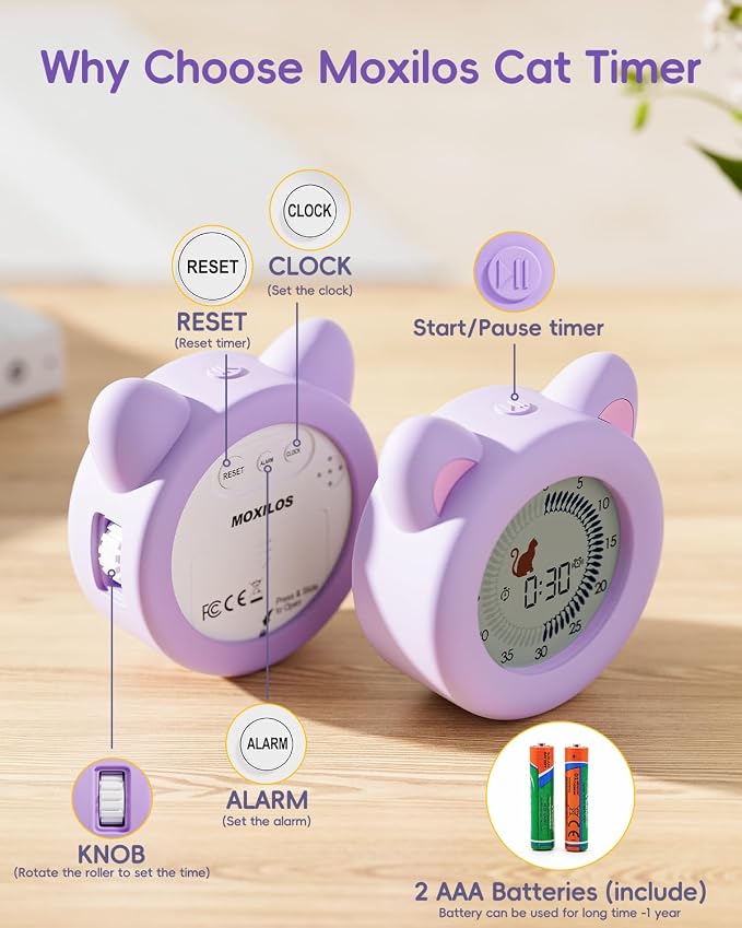Visual Timer for Kids with Pause, Clock and Alarm Function, 299 min Cute Cat Desk Countdown Timer, ADHD Autism Toddler Support, Girl Timer for Kitchen, Office and Classroom