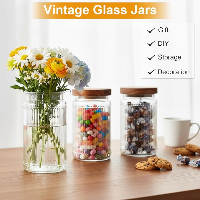 6 Pcs 1000ml/34 oz Vintage Glass Jars with Wood Lids | Airtight Ribbed Containers, Wood Lids for Coffee Beans Tea Sugar Flour Spices, Stackable Pantry Countertop Storage Organizer